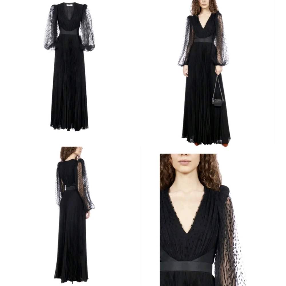 GIVENCHY Black Plumetis Billowy Sheer Long Sleeve Pleated V-Neck Gown 6 US 38 IT - Picture 3 of 5